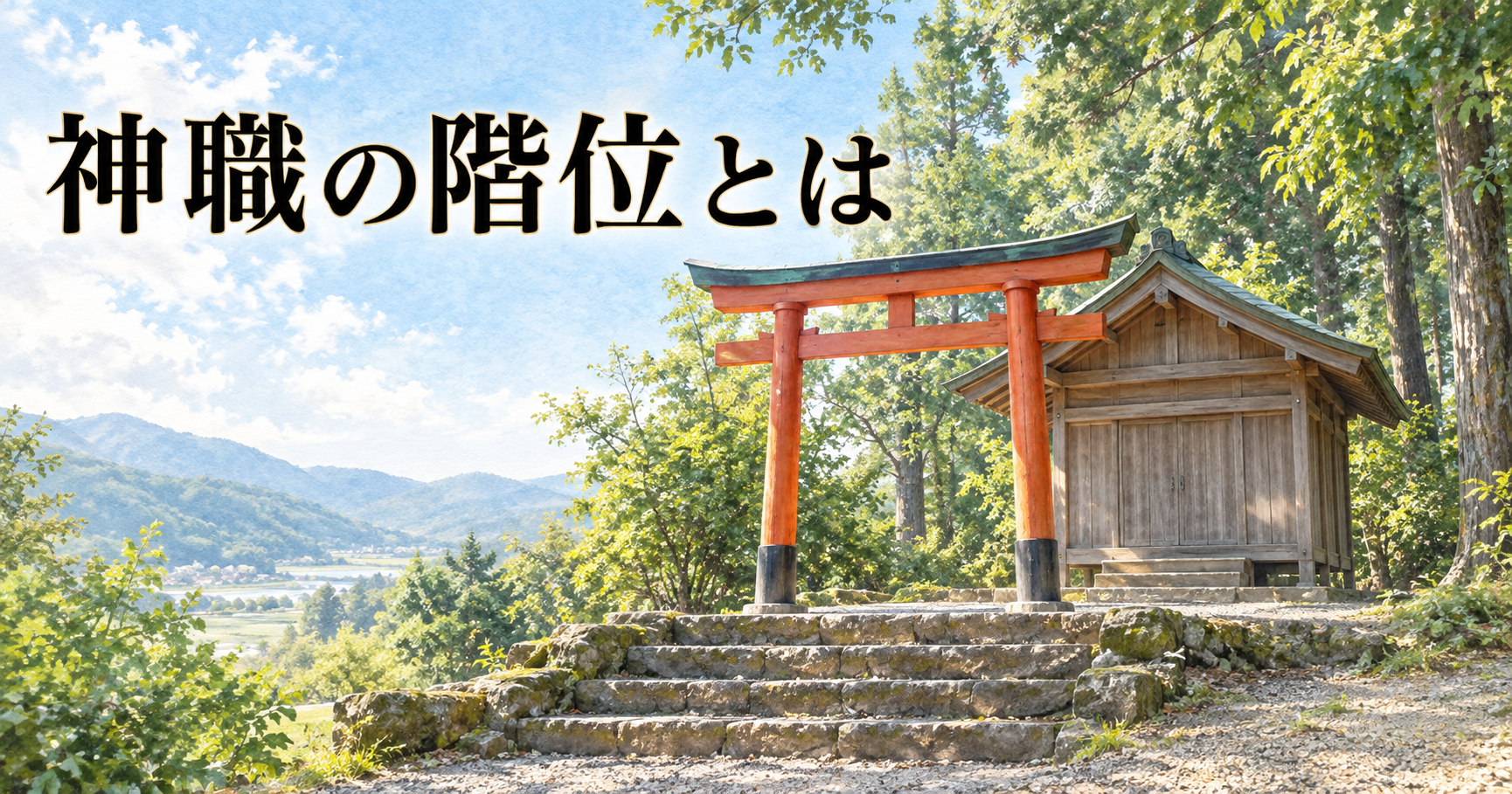朝の光が差す鎮守の森の中に、低い石段と朱の小さな鳥居が1基、その奥に素木の小さな社殿が1つ建つ里の神社のイメージ画像。左上に「神職の階位とは」の横書きタイトル。ふだん神職の姿が見えない小さな神社にも資格を持つ宮司がいることを表した、神職の階位を解説する記事のアイキャッチ画像。