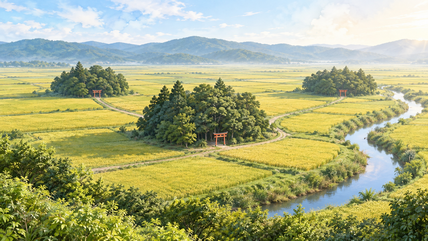 低い丘から見下ろした朝の里の風景のイメージ画像。稲の実った田と細い川のあいだに、こんもりした鎮守の森が3つ点在し、それぞれの森の端に小さな朱の鳥居が1基ずつ見える。3つの森は細い農道でつながっている。1人の宮司が里の神社をいくつも受け持つことを表した画像。