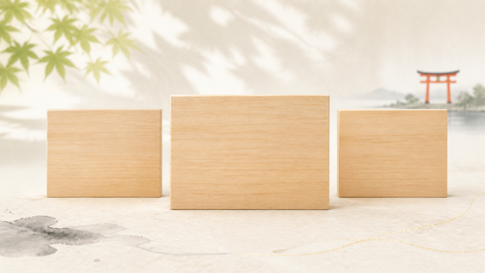 ivory washi 背景に painterly な静物画像。同じ形の無地の木札が横一列に3枚並び、中央の1枚だけがわずかに大きく手前に置かれる。右奥に朱色の鳥居のシルエット。前厄・本厄・後厄の3年をひとまとまりとして扱う厄年の構造を象徴する図解。