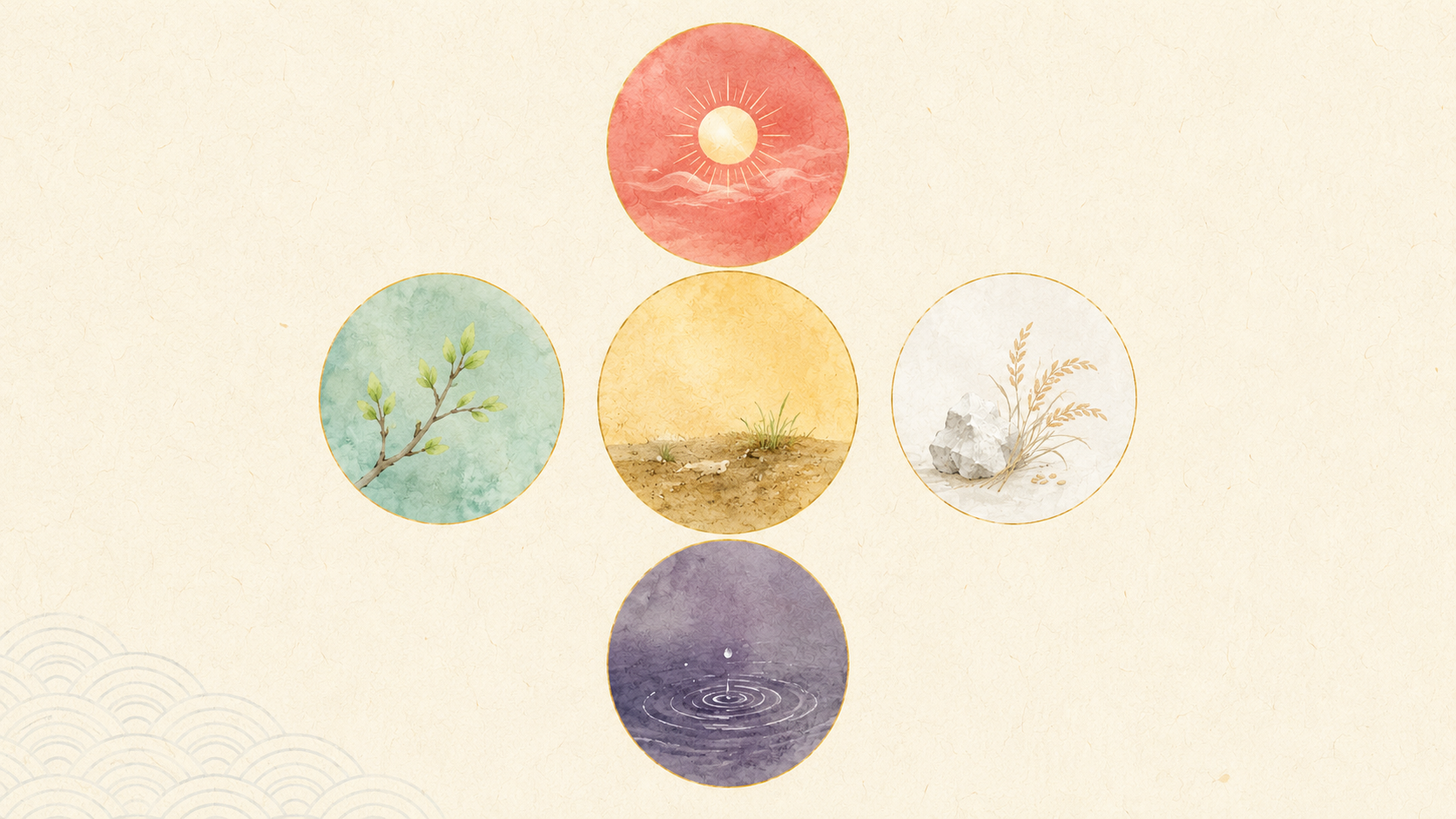 ivory washi 背景に painterly な対応図。中央に黄の土の区画、東西南北に青緑・赤・白・黒(紫)の木火金水の区画を配し、四方に春の芽吹きや夏の陽など季節の自然モチーフを添える。土を中央に、木火金水が季節と方位へ広がる五行の対応関係を象徴する図解。