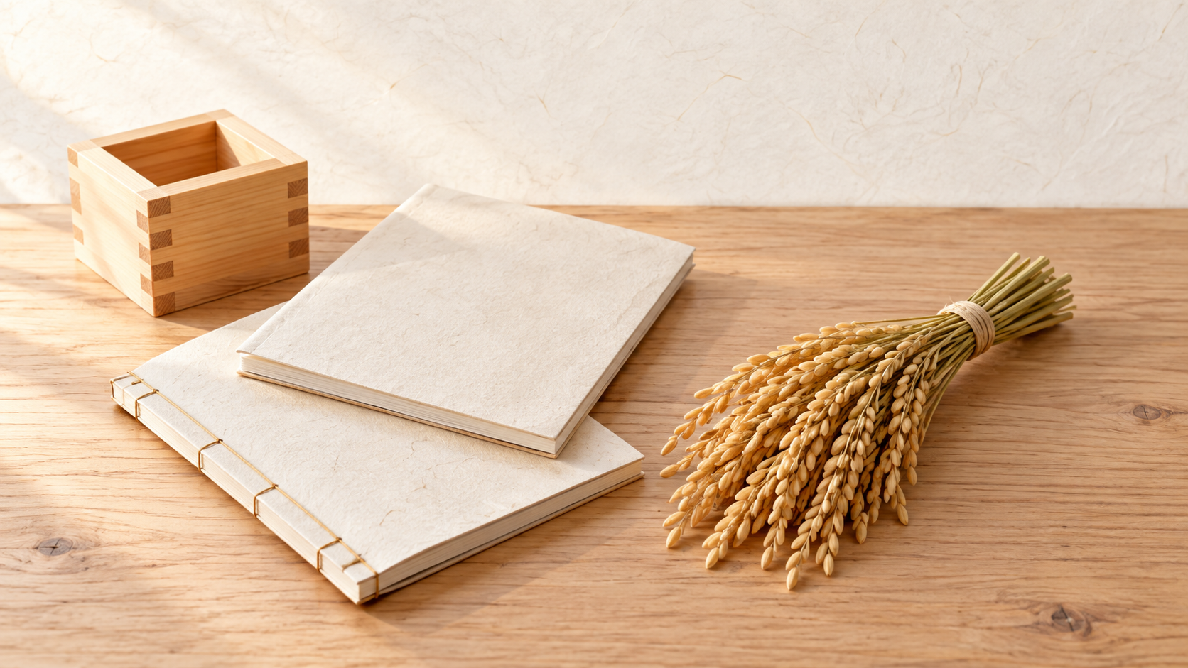 ivory washi 背景の painterly な静物画像。木の台に和紙の表紙の薄い冊子が2冊重ねて置かれ、表紙は無地で文字はない。右手前に稲穂が1束、左奥に木の枡がひとつ。朝の斜光で和紙と木目の質感が見える。神社が頒布してきた暦の実物を示す画像。