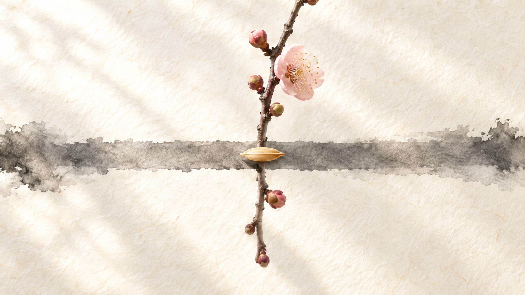 ivory washi 背景に painterly な図解のイメージ画像。上から下へ一本の梅の枝、左から右へ一本の淡い墨の帯が直交し、その交点に一粒の籾が置かれる。節入りで変わる月の区切りと日ごとにめぐる十二支の組み合わせで日が決まることを象徴する図解画像。