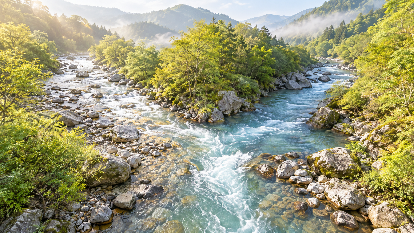 山あいの朝の渓谷を少し高い位置から見下ろした風景のイメージ画像。左上から来る浅く明るい瀬と、右上から来るやや深い青緑の流れが画面の中央で一つに合わさり、下へ続いていく。寅の日を金運と結ぶ別々の二つの筋が、いつのまにか一つに束ねられたことを表した画像。