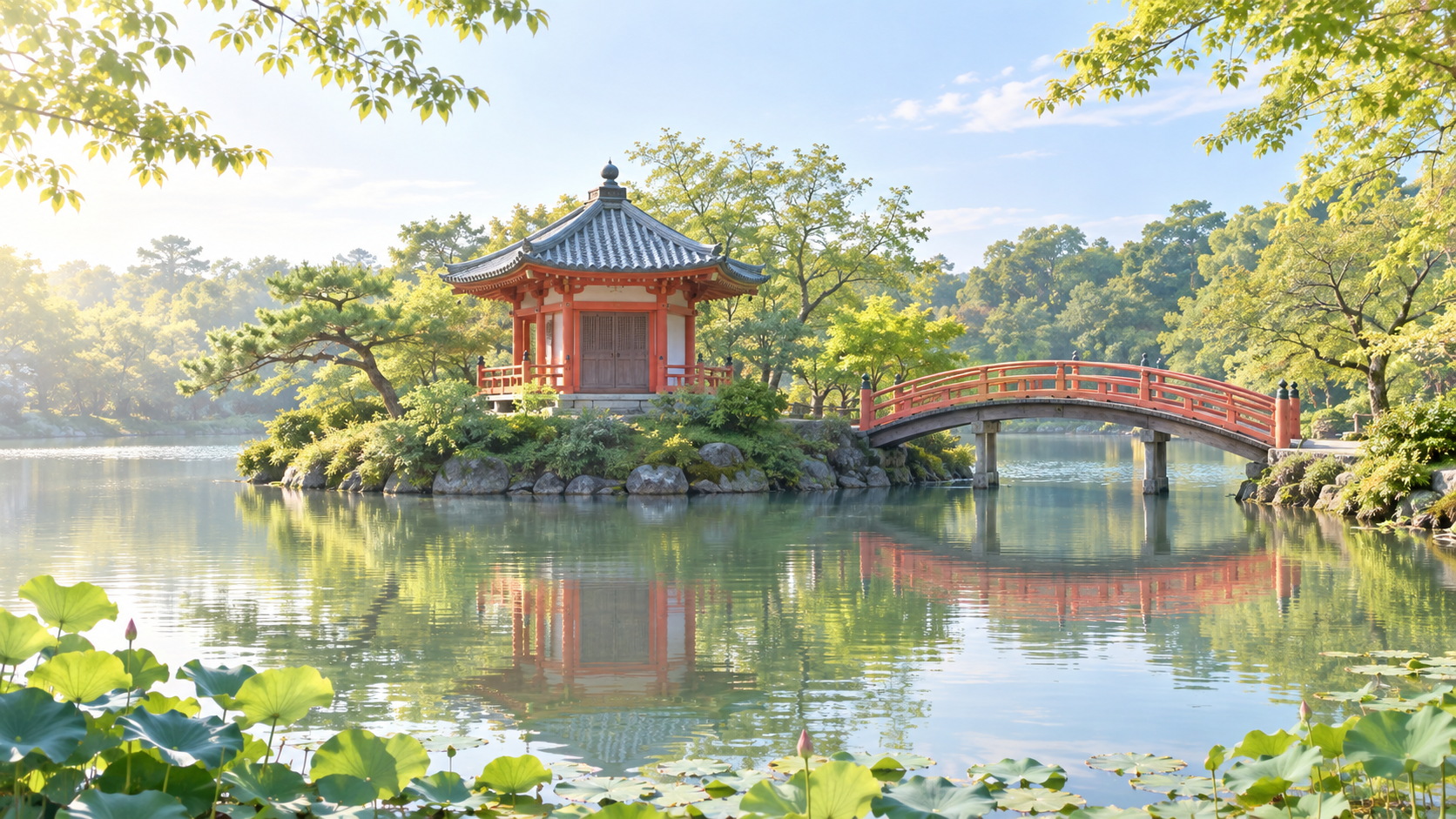 朝の池を対岸から眺めた風景のイメージ画像。池の中ほどの小さな島に朱の柱と瓦屋根の小さな堂が建ち、岸から朱の太鼓橋が一本渡されている。水面には堂と橋が映り、縁には蓮の葉が浮かぶ。巳の日が縁日とされる弁才天が、水の神として水辺に祀られてきたことを表した画像。