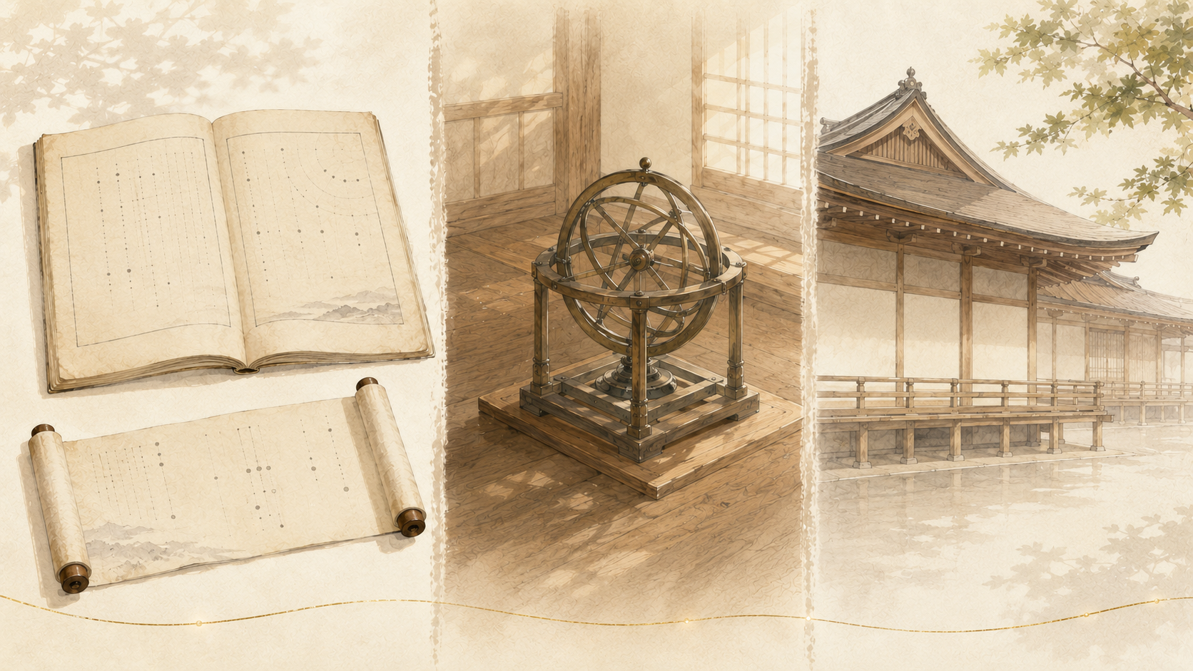 ivory washi 背景に painterly な絵巻風の画像。左から右へ、古い和本と巻物で伝わる渡来、木造の役所と天体観測の器具による組織化、平安の御殿と暦へ広がる浸透の三段階を描く。五行が書物として伝わり役所で扱われ暮らしへ根づいた受容の歴史を象徴する画像。