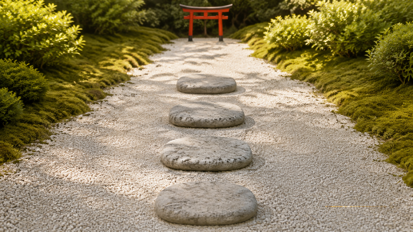 ivory washi 背景に painterly な俯瞰画像。手前から奥へ丸みのある踏み石が4つ等間隔に一列で並び、まわりは苔と細かい砂利。画面奥に朱色の鳥居のシルエット。ひとつずつ確かめながら順に進む判断の道すじを象徴する図解。