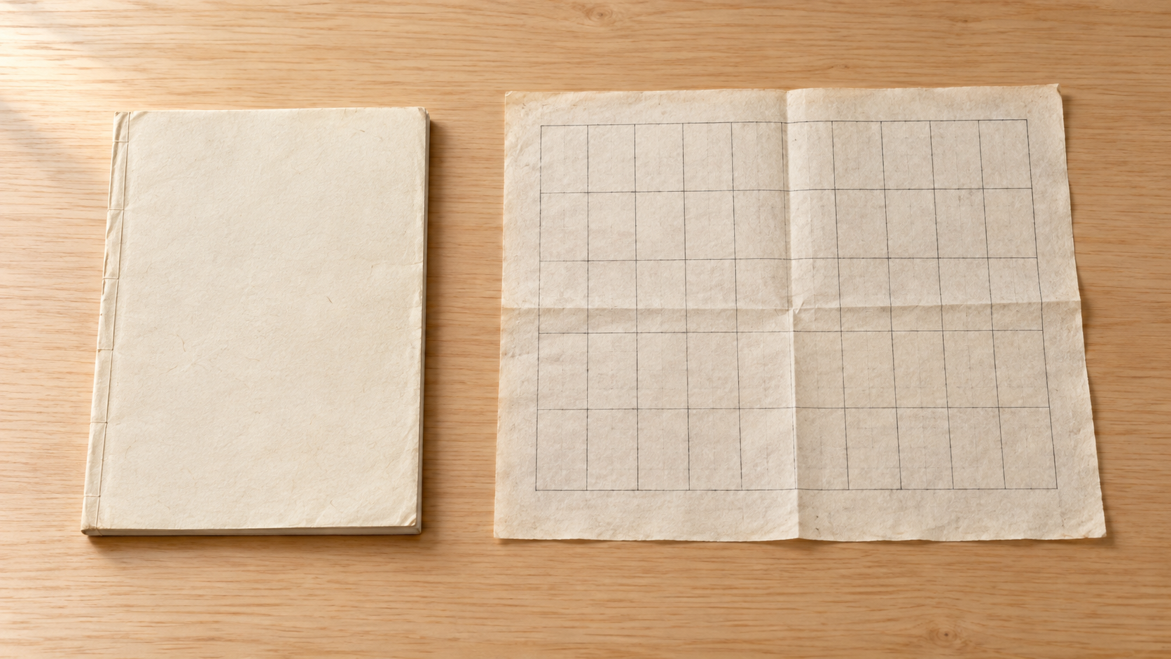 明るい木の机の上に、無地の紙表紙で綴じた薄い冊子が1冊と、細い罫線で区切ったマスだけが刷られた一枚刷りの和紙が1枚、並べて置かれている静物画像。どちらにも文字はなく、一枚刷りの紙には折り目が残る。明治の官暦と、六曜を広めた民間の一枚刷りの暦の象徴画像。