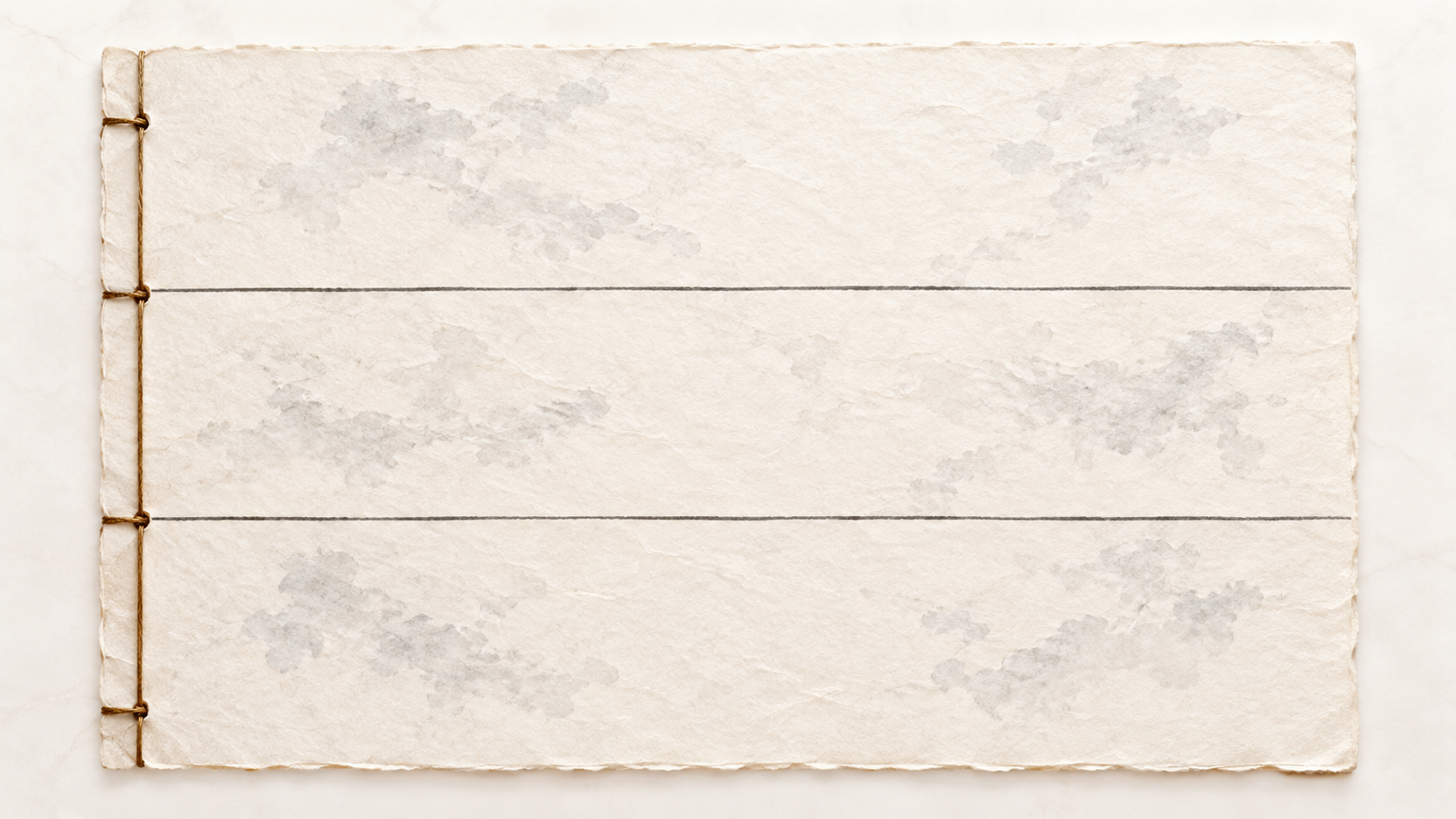ivory washi 背景の俯瞰画像。和紙の紙面が細い墨の罫線で上・中・下の3本の横帯に等間隔で区切られ、各帯には文字の代わりに同じ密度の薄い筆致が置かれている。左端に綴じ糸が一本。暦の段が紙面の位置の区分であることを示す図解画像。