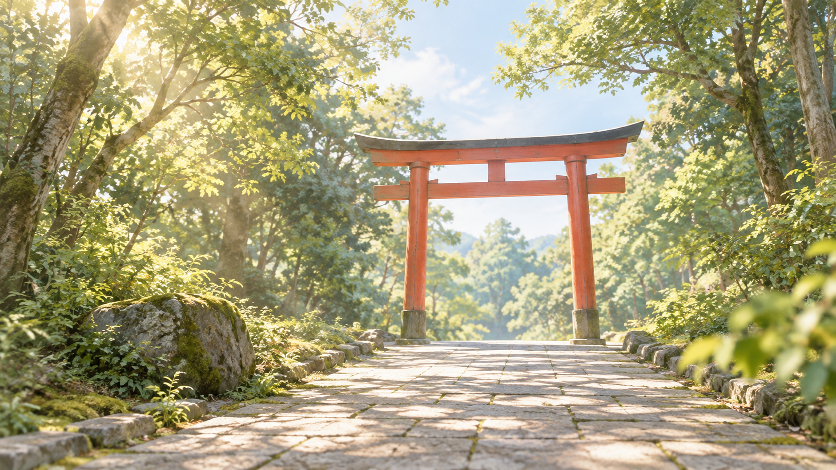 明るい朝の光に包まれた painterly な神社の参道の画像。手前から奥へ石畳の参道が続き、その先に朱の鳥居が一基立つ。両側は新緑の鎮守の森で、苔むした石と木漏れ日がある。参拝の日をどう選ぶかという問いに向き合う静かな情景の画像。