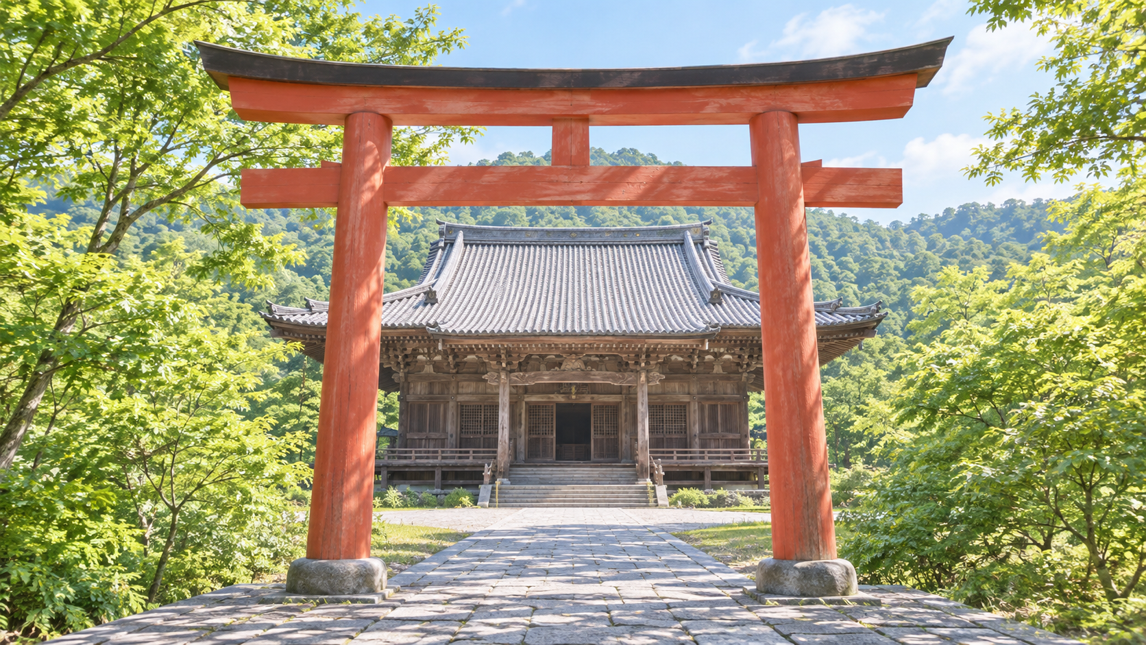 晴れた朝の山の寺の境内を描いた風景のイメージ画像。手前に朱の鳥居が一基立ち、その奥の石畳の先に、灰色の瓦屋根と深い軒をもつ木造の本堂が建つ。両側には明るい緑の木々。寺の境内に鳥居が立つという、神と仏をひとつながりに祀ってきた神仏習合の名残を表した画像。