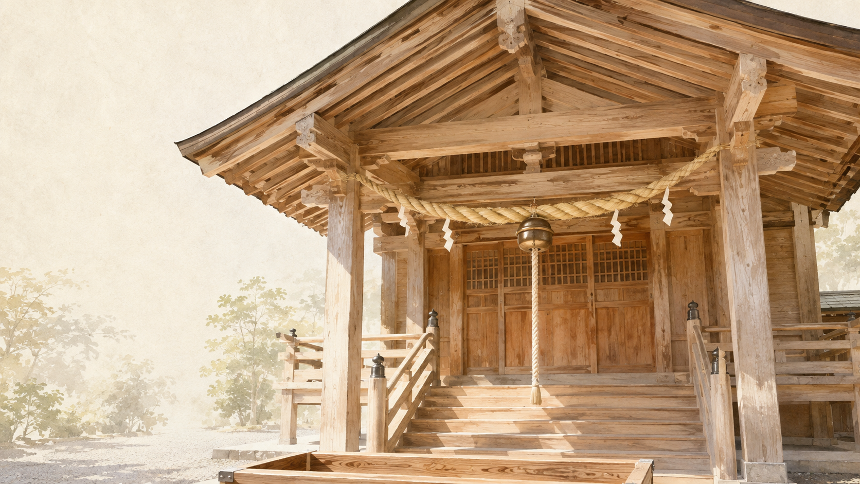 ivory washi 背景に painterly な風景画像。参拝者の立ち位置から仰ぐ神社の拝殿の向拝で、階段が1つ、注連縄が1本、中央に吊り下げの鈴が1つ。朝の柔らかな斜光が床に落ちる。厄払いの祈祷を受ける場の落ち着いた空気を伝える情景。