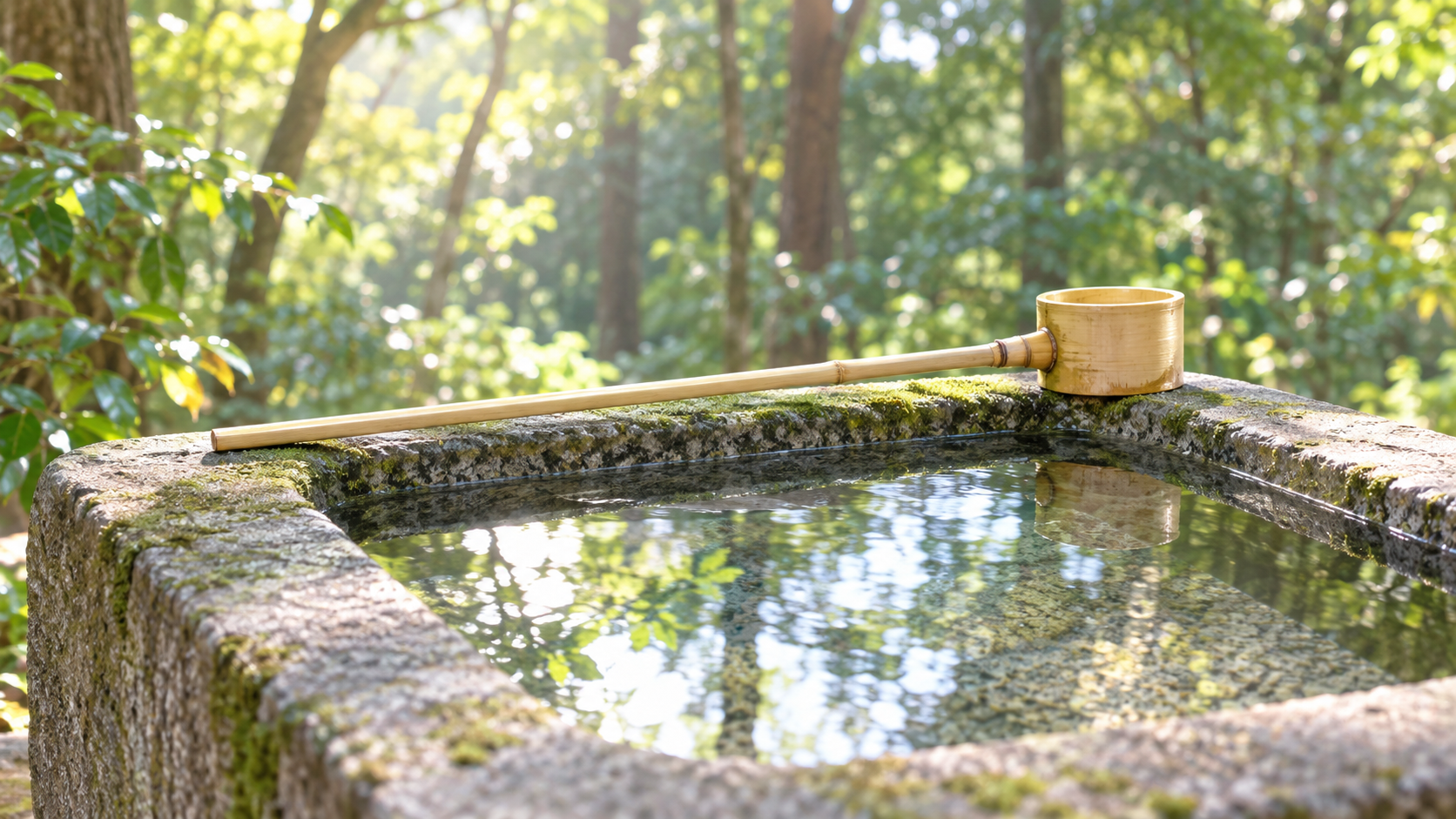 神社の境内で朝の光を受ける石の手水鉢を写したイメージ画像。縁にうっすら苔のついた素朴な鉢が澄んだ水を湛え、竹の柄杓が一本横向きに渡されている。水面には朝の空と木々の緑が映り、背景には鎮守の森がやわらかく広がる。神社へのお参りという本節の主題を象徴する画像。