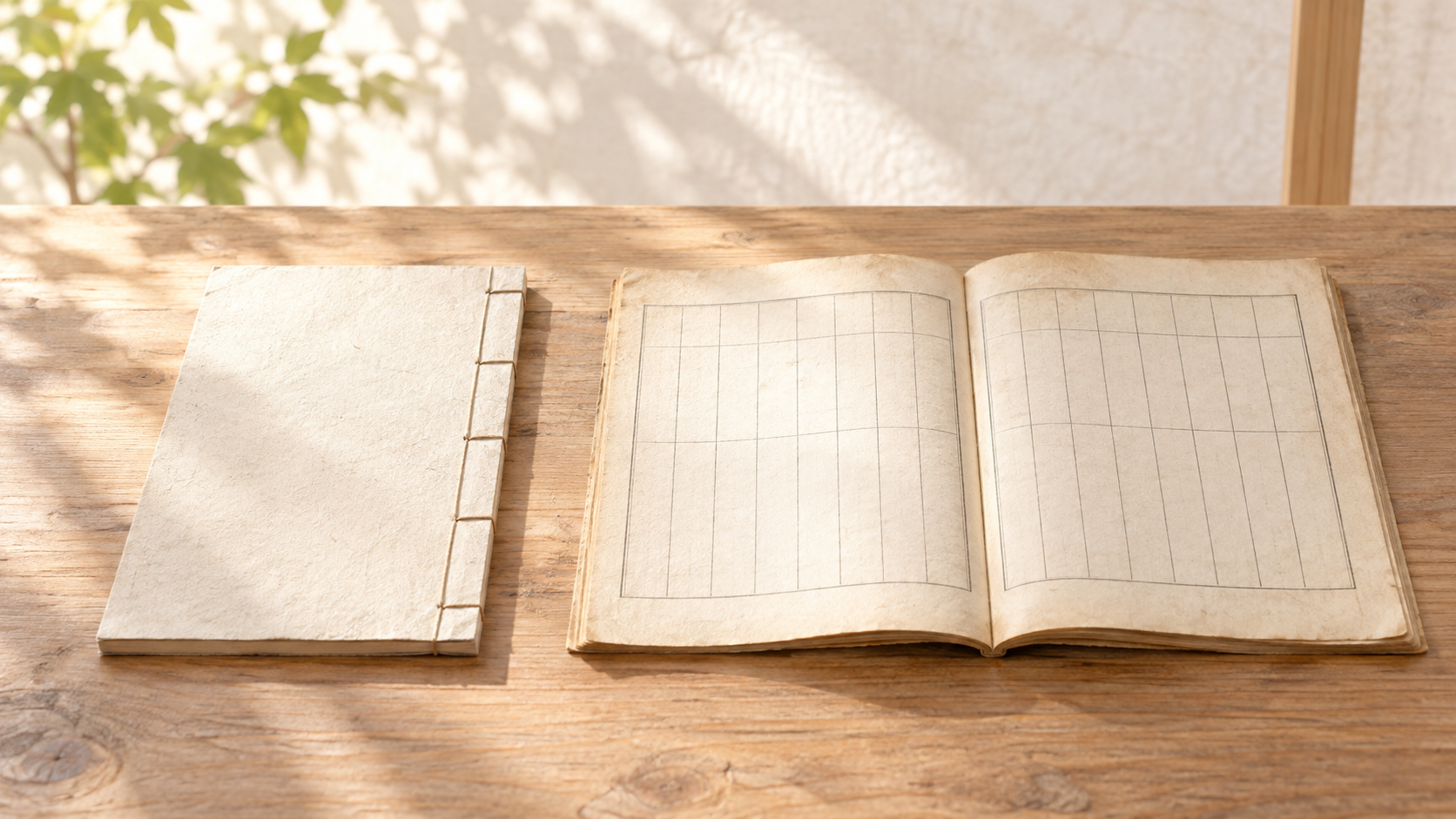 ivory washi 背景に painterly な静物のイメージ画像。素木の机に暦の綴じ本が二冊、左は閉じたまま、右は左右二頁で平らに開き、頁には墨の細い罫線だけが引かれる。暦から外された吉凶の注が今も刷られ続けていることを示す静物画像。