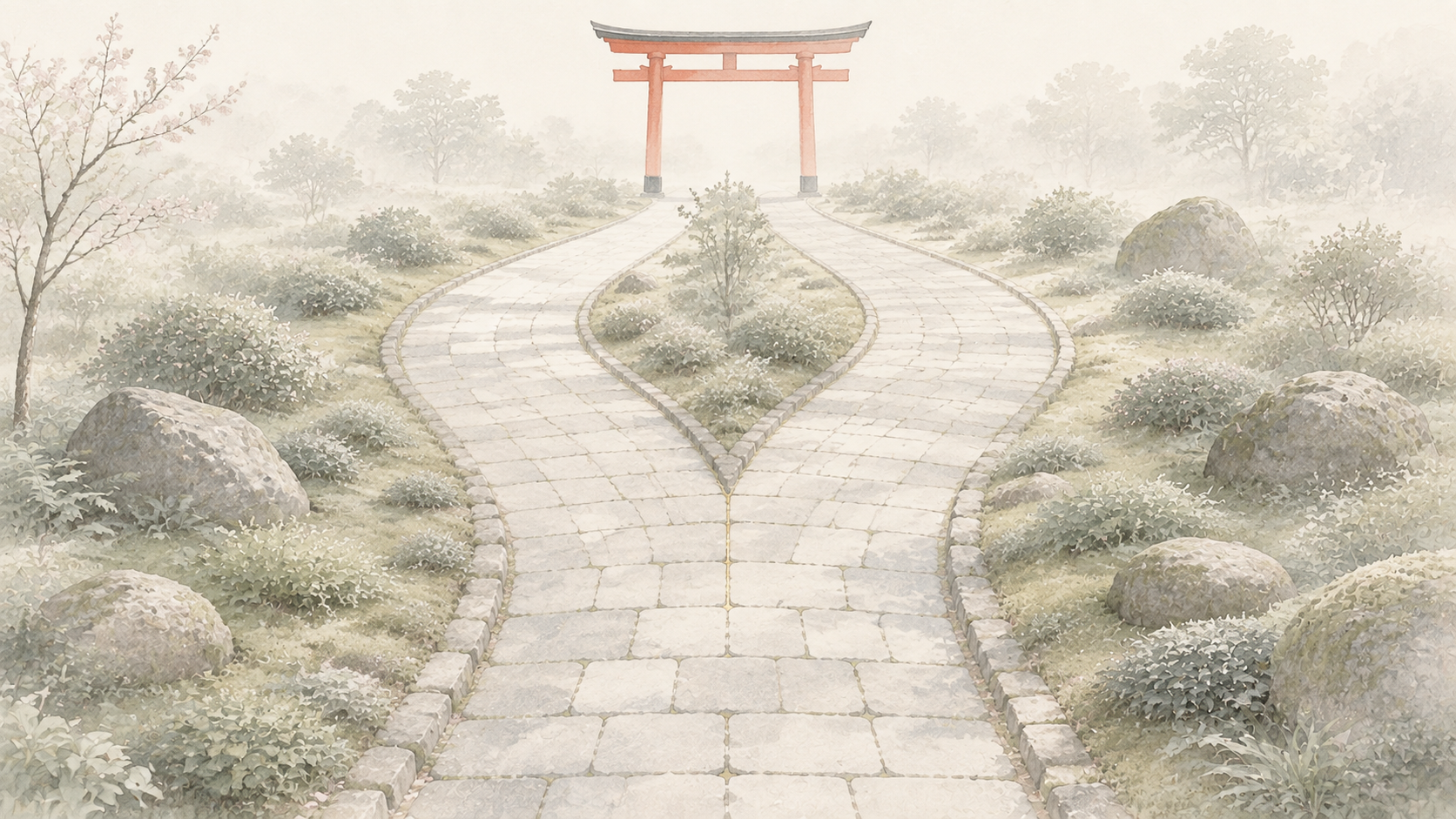 ivory washi 背景に painterly な俯瞰画像。手前から伸びる敷石の道が中央で一度だけ左右に分かれ、幅も明るさも同じ2本の道になって奥へ続く。奥の中央に朱色の鳥居のシルエット。正反対の言い伝えが優劣なく並び立っていることを象徴する図解。