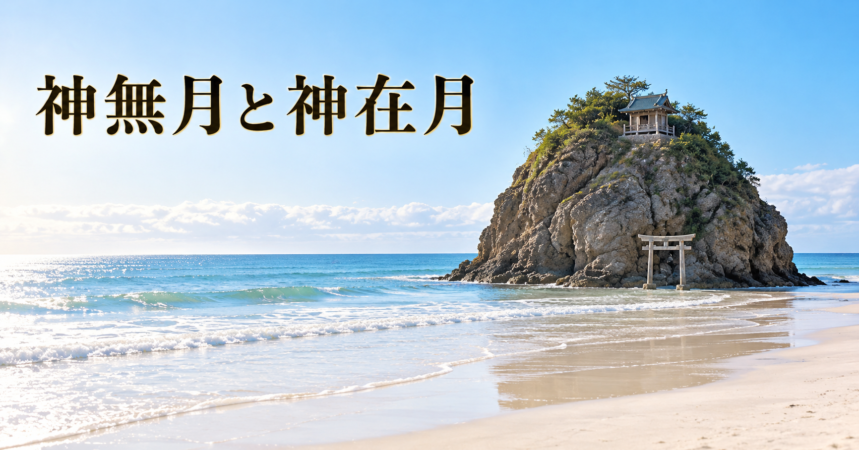 晴れた晩秋の朝の稲佐の浜を描いた絵。白い砂浜の波打ち際に、頂に小さな社をのせ足元に小さな鳥居が立つ岩の小島・弁天島がひとつあり、奥に穏やかな日本海と淡い青空が広がる。左上にタイトル「神無月と神在月」を横一行で配したアイキャッチ画像