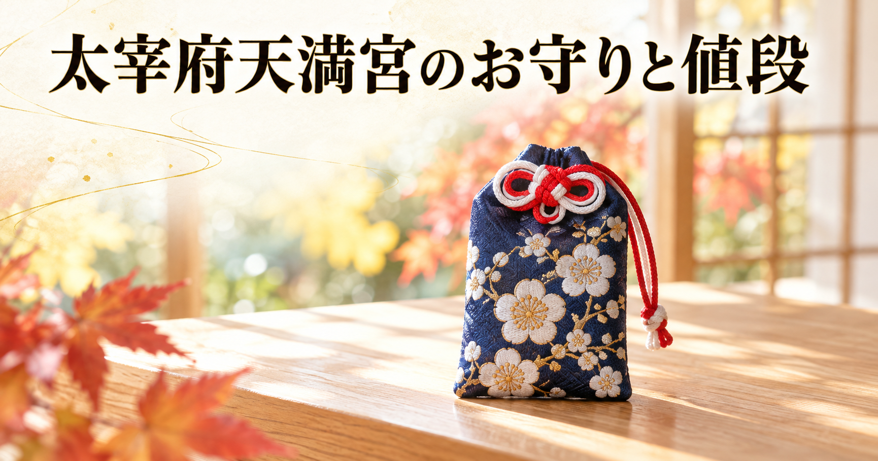 晩秋の明るい朝、障子越しの光が入る部屋で、木の台の上に藍色の錦に梅の花の柄を織り込み紅白の紐を結んだお守りが一つ置かれている絵。奥には紅葉と色づいた銀杏の色がやわらかくにじむ。左上にタイトル「太宰府天満宮のお守りと値段」を横一行で配したアイキャッチ画像