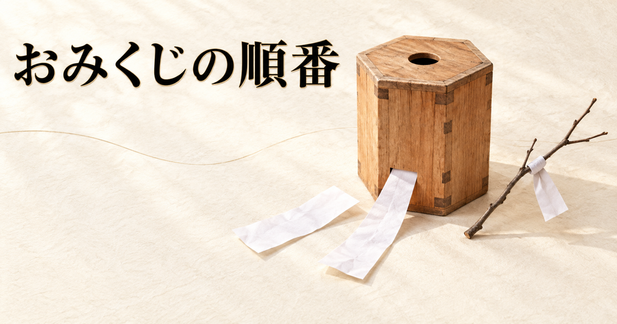 ivory washi 背景に painterly なみくじ箱と広がる白いおみくじの紙、傍らに木の枝に結ばれたおみくじ、朝の柔らかな光の静物、タイトル「おみくじの順番」を左上に横一行で配したアイキャッチ画像