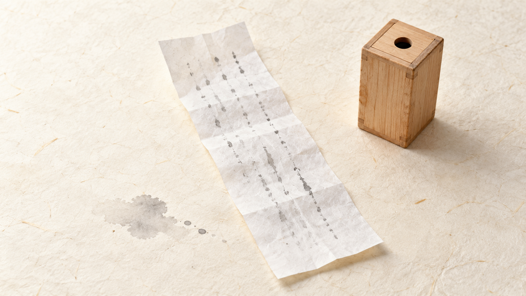 ivory washi 背景に painterly な広げられた白いおみくじの紙と墨書き風の薄い文字の連なり、傍らにみくじ箱、吉凶より書かれた言葉を読むものであることを象徴した画像