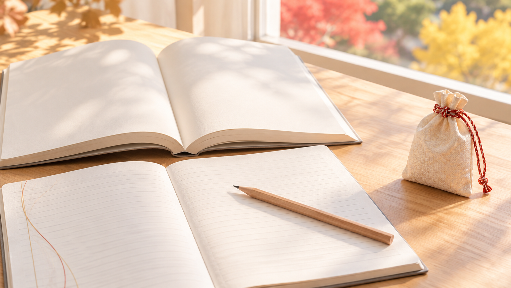 晩秋の明るい朝、窓辺の学習机に開いた教科書とノート、鉛筆が置かれ、机の端に紅白の紐でしぼった淡い色の巾着形のお守りが一つ置かれている絵。窓の外には紅葉と色づいた銀杏がやわらかくにじむ。受験勉強の机のそばに置く学業と合格のお守りのイメージ