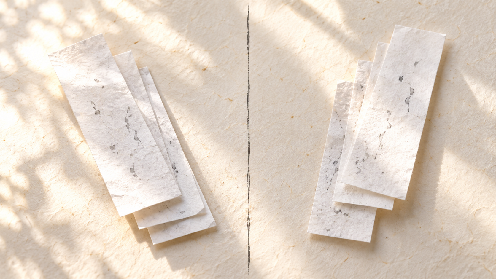 ivory washi 背景に painterly な2つの並びのおみくじの紙、社ごとに順序がわずかに違う様子を対比し、順位に全国共通の正解がないことを象徴した画像