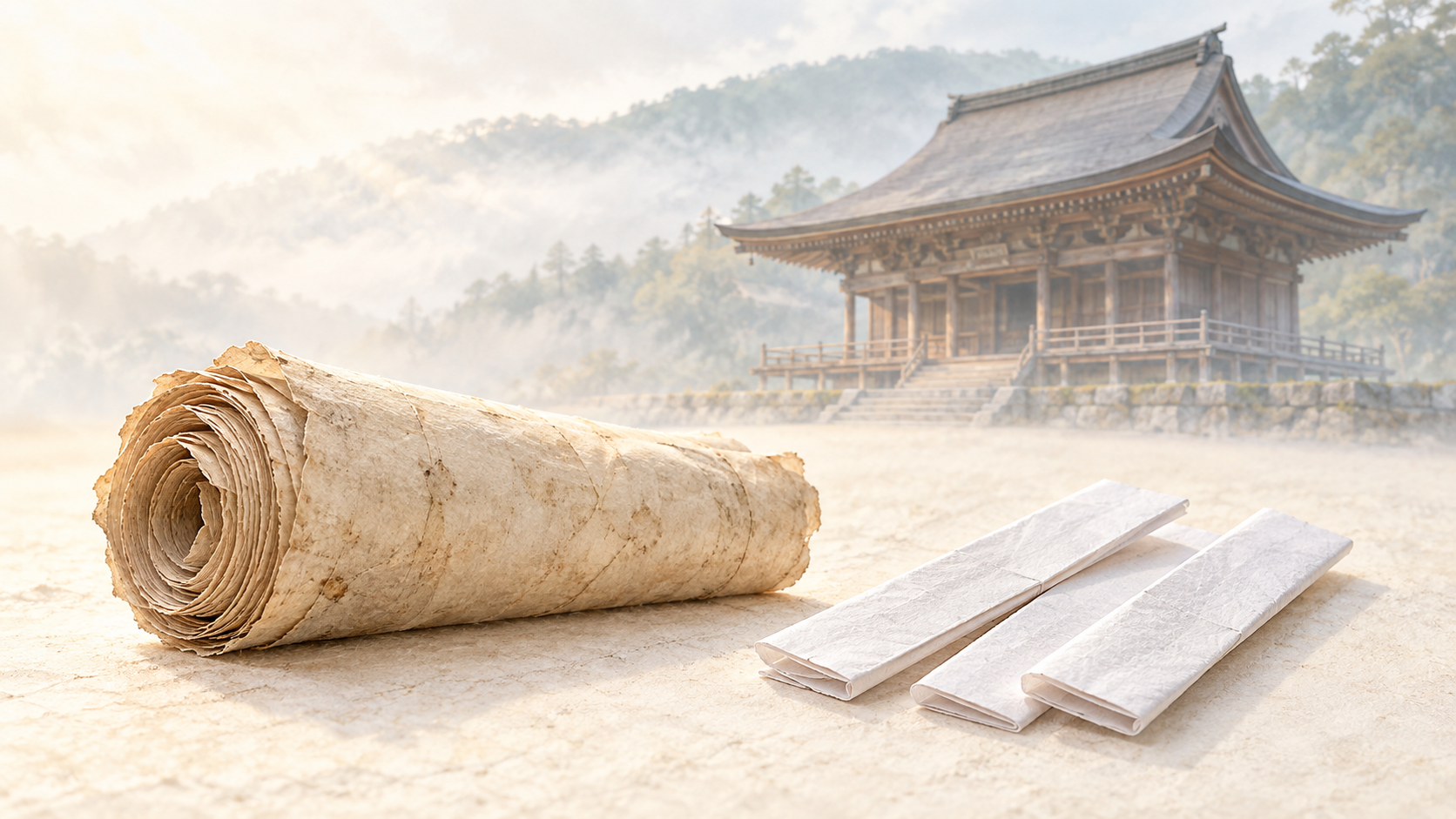 ivory washi 背景に painterly な古い山寺の木造のお堂の情景と、手前に巻物状に丸めた古い籤の束と小さく折りたたまれた白いおみくじの積み重なり、平安時代のお堂にはじまり今に続くおみくじの歴史を象徴した画像