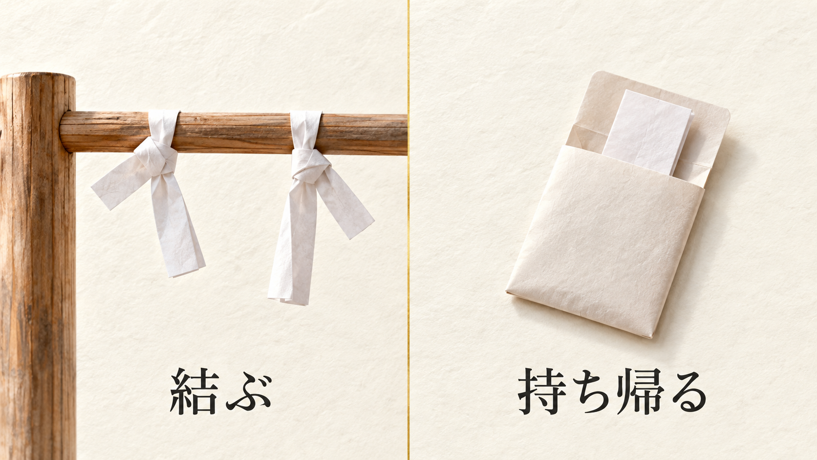 ivory washi 背景に painterly なおみくじ掛けに結ばれた白いおみくじと、手帳に大切にしまわれたおみくじの対比、結ぶと持ち帰るの2つの扱いを象徴した画像
