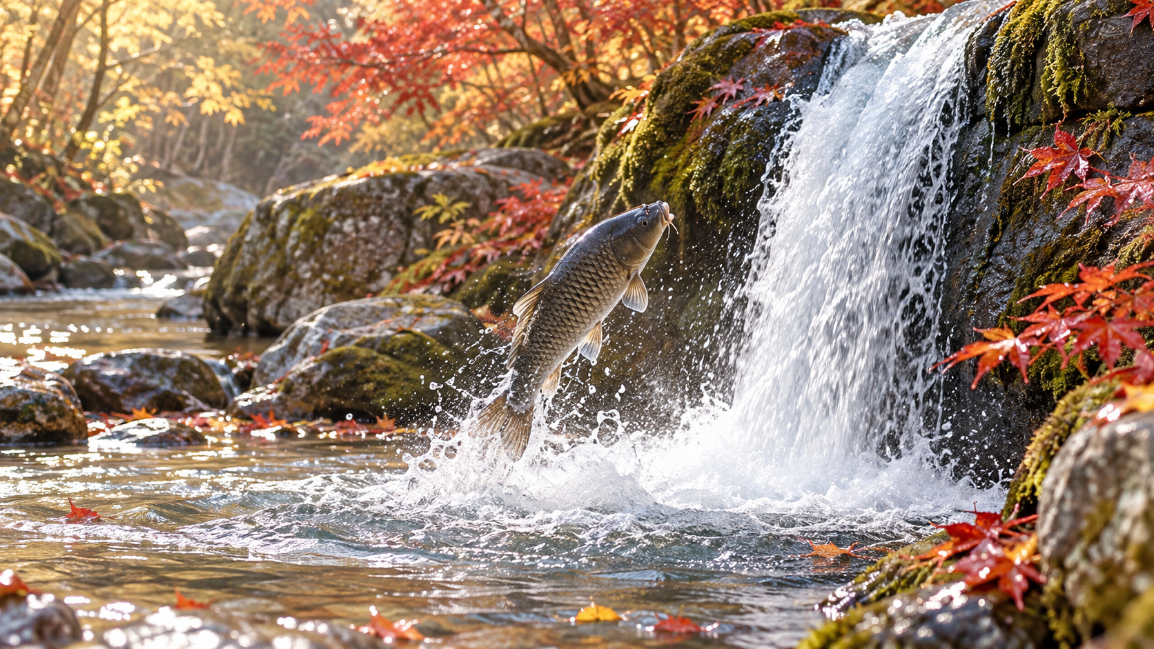 晩秋の明るい朝、紅葉に囲まれた山あいの渓流で、苔のついた岩の滝へ向かって黒っぽい鯉が一匹、体を弓なりにして跳び上がっている絵。受験の合格を願う言葉「登龍門」のもとになった、滝を登りきった鯉が龍になるという故事のイメージ