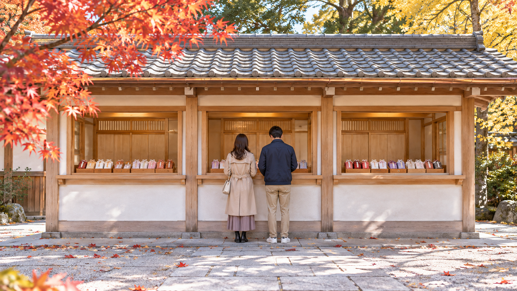晩秋の明るい朝、灰色の瓦屋根の横に長い木造の授与所に同じ大きさの窓口が三つ並び、中の棚にお守りが見え、左から二つ目の窓口の前に秋の普段着の参拝者が二人、後ろ姿で立っている絵。一か所の授与所がいくつもの窓口に分かれていて、平日なら比較的スムーズに受けられるという本文のイメージ